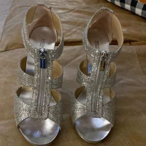 Michael Kors Berkely T Strap Silver Glitter Heels